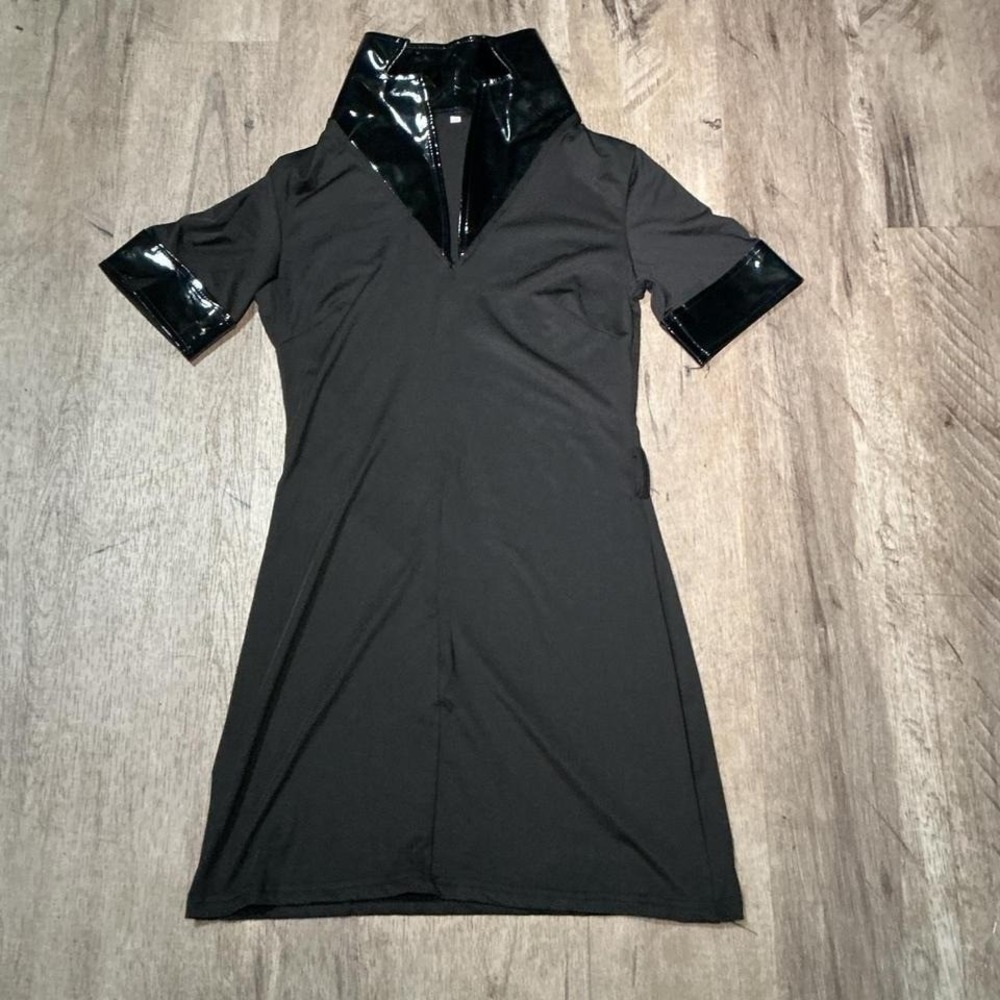 Black Mini Dress Sequin Collar Cuffs Size S Short Sleeve Going Out - Picture 2 of 5